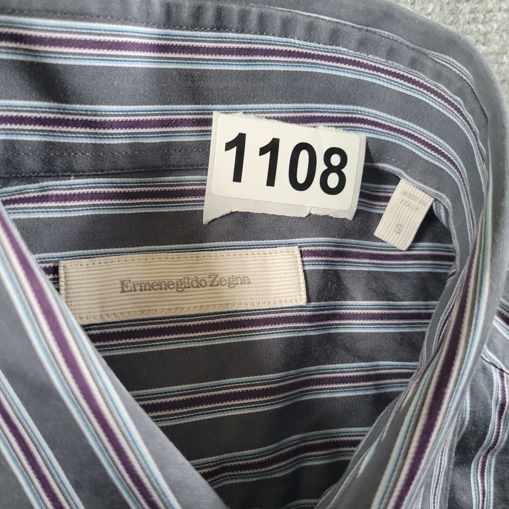 Ermenegildo Zegna‎ Shirt Men Small Blue Gray Purle Stripped Cotton Made in Italy